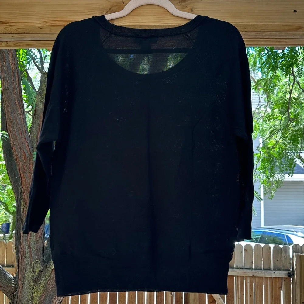 Banana Republic Sequined Striped Merino Wool 3/4 Sleeve Black Sweater Medium - Picture 7 of 16